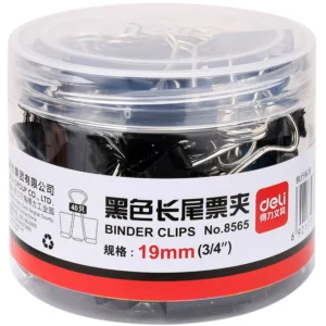 得力8565-5#黑色长尾夹票夹19mm筒装(黑)(40只/筒)