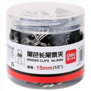 得力8566-6#黑色长尾夹票夹15mm筒装(黑)(60只/筒)
